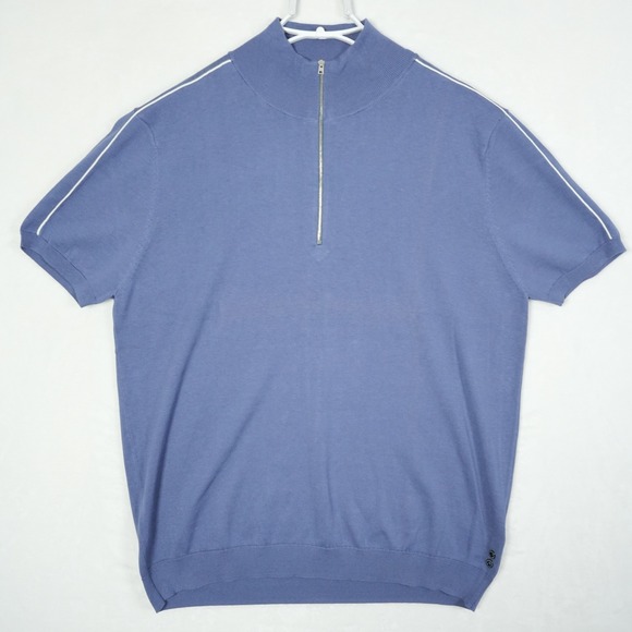 Ron Dorff Men's Silk Blend Short Sleeve Quarter Zip Knit Polo Shirt Blue XXL - Picture 2 of 9